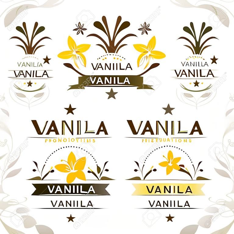 Vanilla pods and flowers.  Badges and labels, emblems collection. Vector decorative isolated elements for package design.
