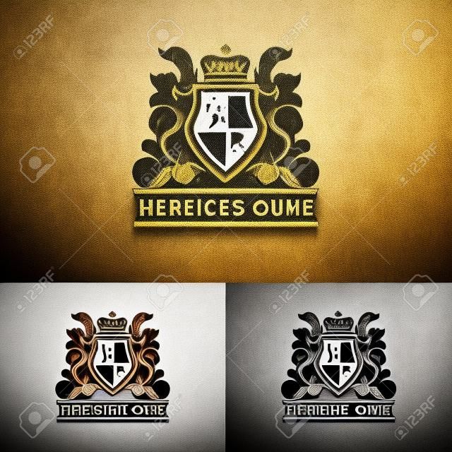 Modello di logo araldico. Emblema ornamentale vintage con leone, monogramma, simboli della corona e decorazioni fiorite. Tre varianti di colore.