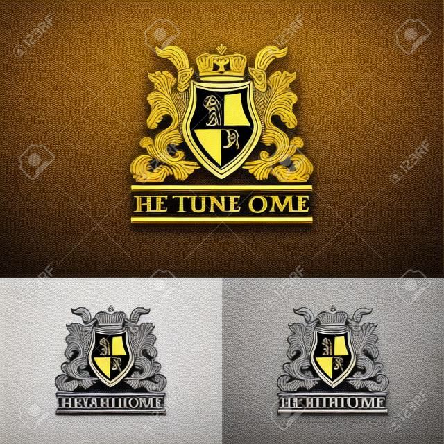 Heraldic logo template. Vintage ornamental emblem with lion, monogram, crown symbols and flourish decorations. Three color variantion.