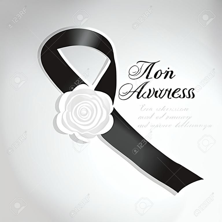 Funeral card. Black awareness ribbon with white rose flower on the light background