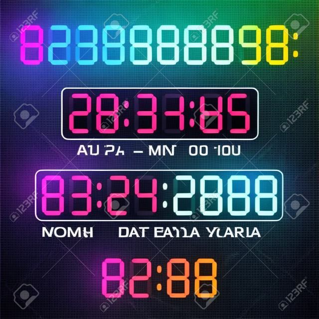 Digital numbers, time and date. Template for  electronic device.