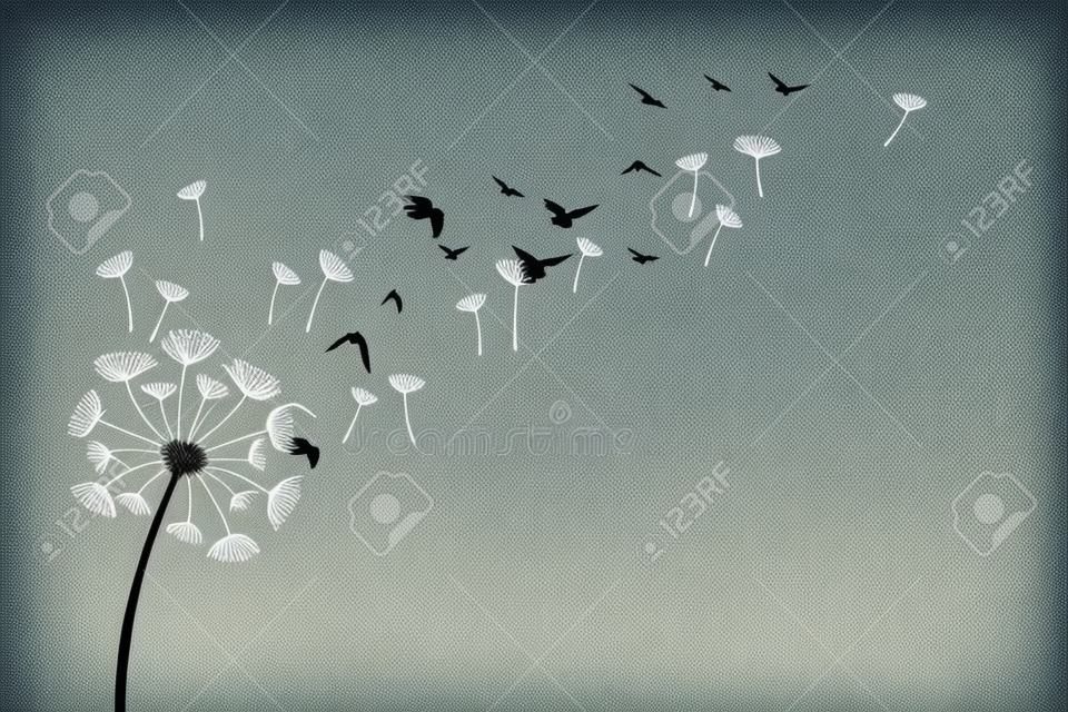 Tarassaco con uccelli e semi in volo. Elemento decorativo vettoriale isolato da sagome sparse. Illustrazione concettuale di libertà e serenità ..