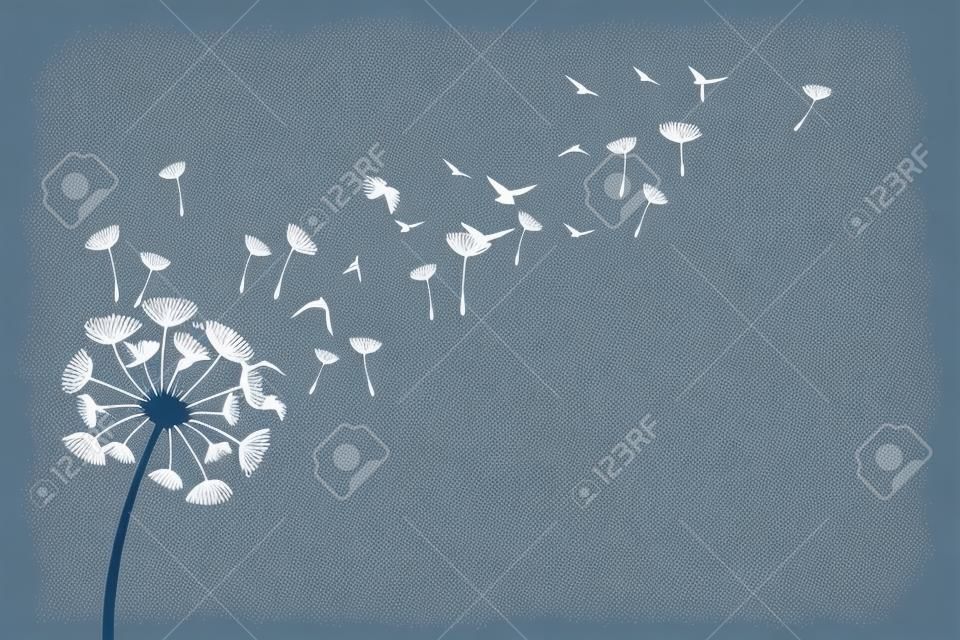 飛んでいる鳥と種子を持つタンポポ。散在するシルエットから分離された装飾要素をベクトルします。自由と静けさの概念図..