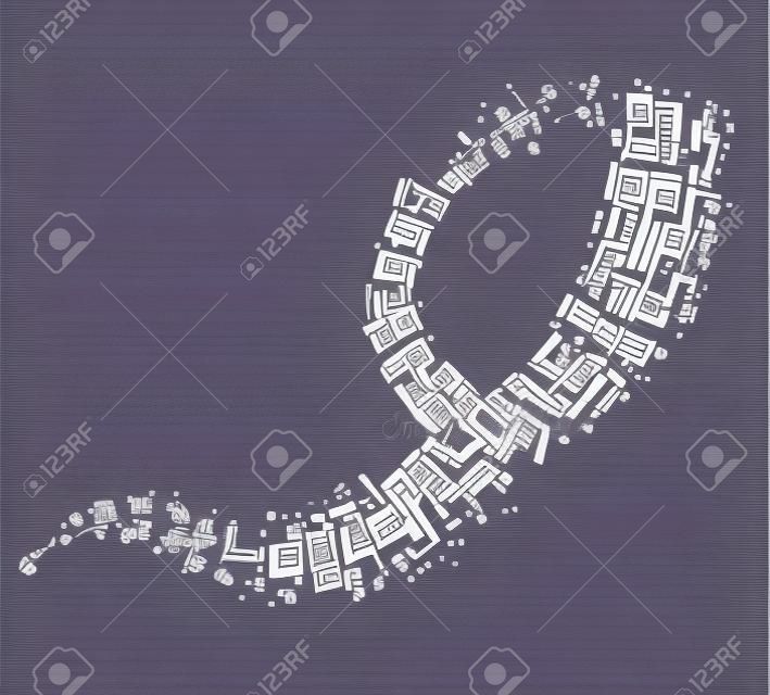 Curve line from flying letters. Vector decoration from scattered elements. Monochrome isolated silhouette. Conceptual illustration ..