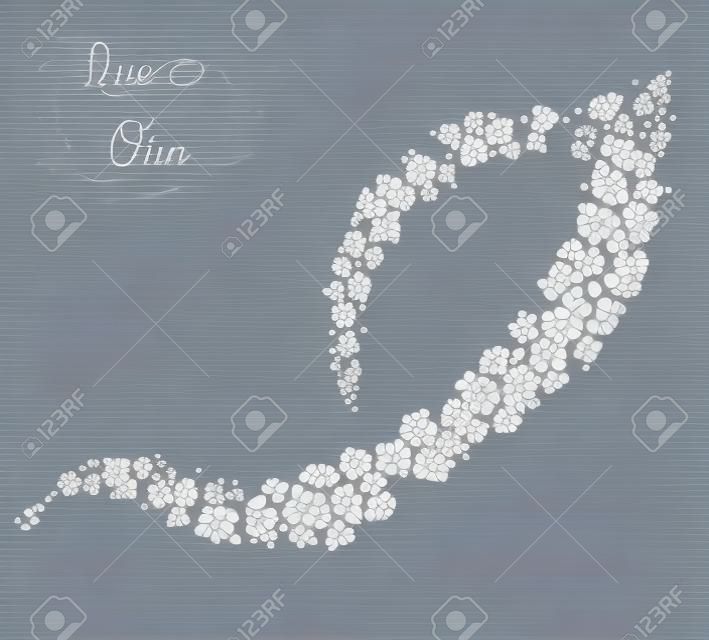 Curve line from flying letters. Vector decoration from scattered elements. Monochrome isolated silhouette. Conceptual illustration ..