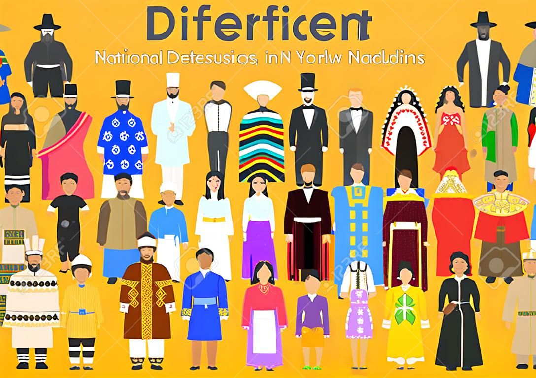 Diversi popoli del mondo in costumi nazionali su sfondo giallo, illustrazione vettoriale