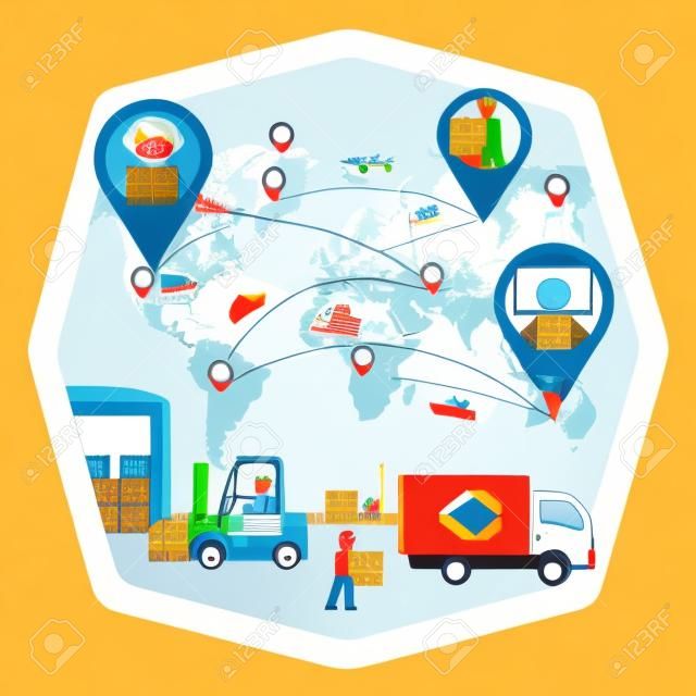 Delivery of goods around the world, production business, vector illustration