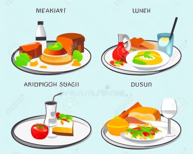Horarios de comida, desayuno, almuerzo, cena, merienda, set de comida, platos diferentes, ilustración vectorial