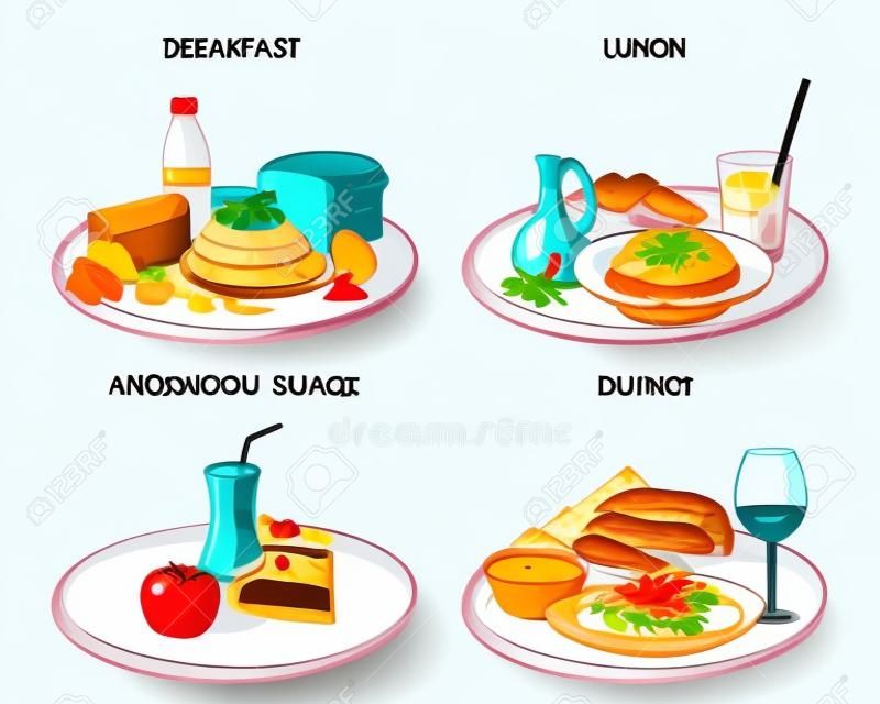 Refeição vezes, café da manhã, almoço, jantar, lanche da tarde, conjunto de refeições, pratos diferentes, ilustração vetorial