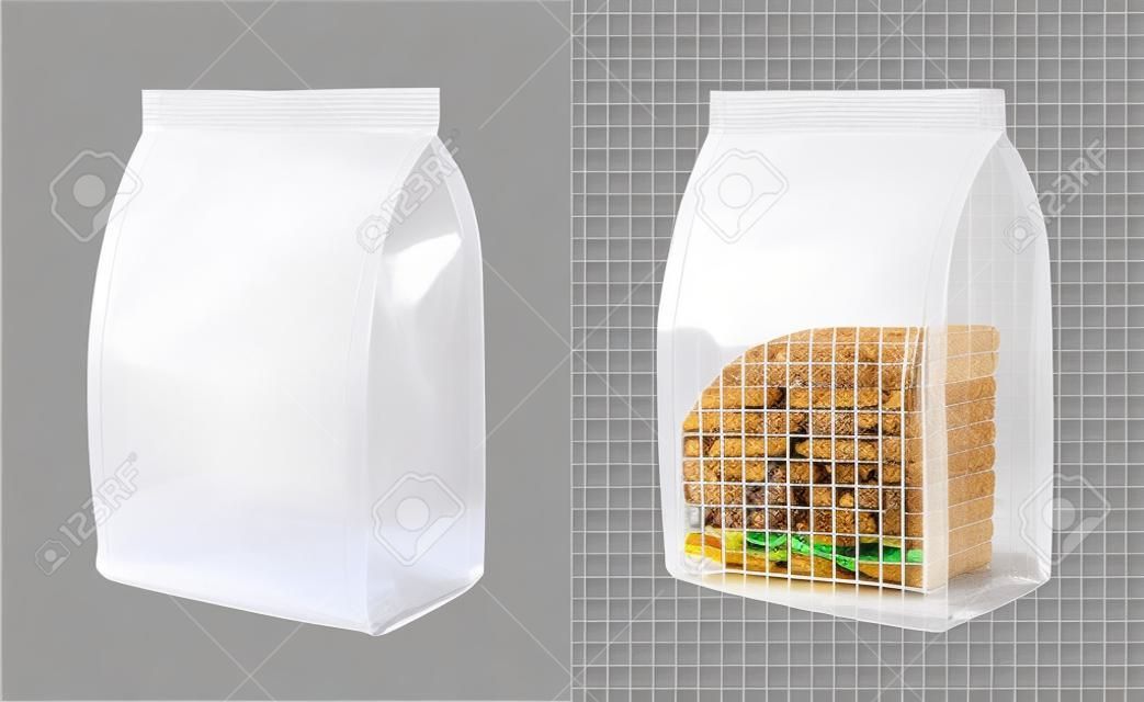 Imballaggio trasparente in plastica o in carta per il lavaggio in polvere. Bustina per pane, caffè, dolci, biscotti e regali.