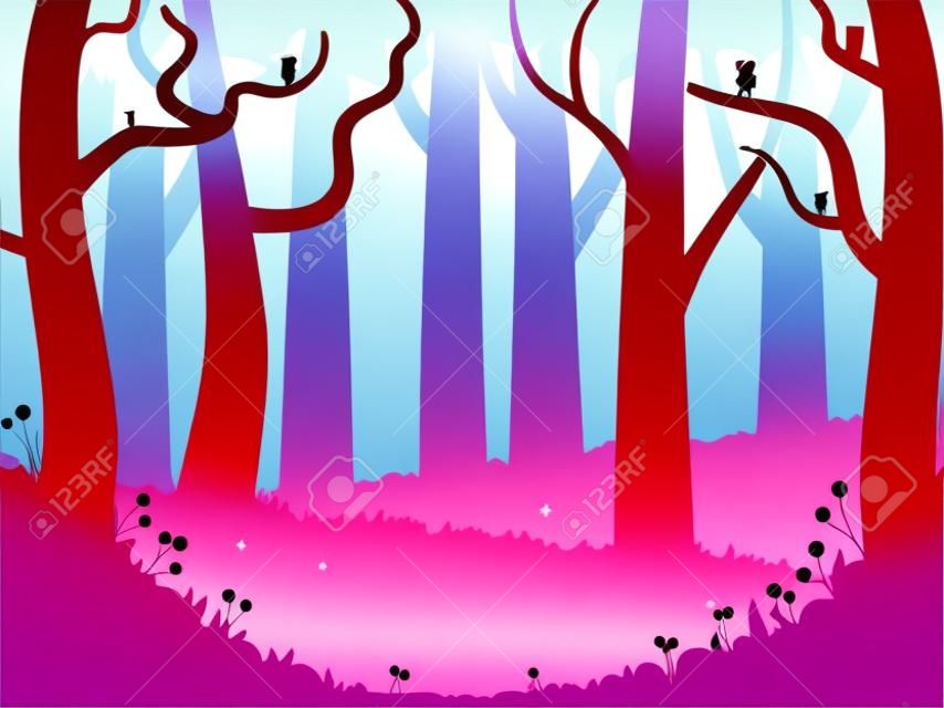 Ilustracja kreskówka wektor magicznego lasu. tajemnica i bajka z małymi fantastycznymi stworzeniami