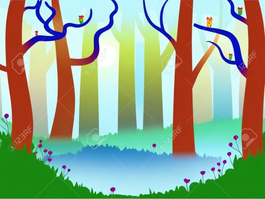 Cartoon vector illustratie van magisch bos. Mysterie en sprookje met kleine fantastische wezens