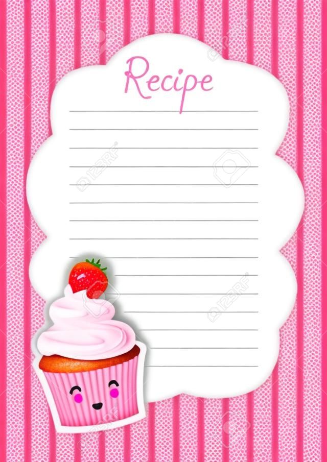 Banner for the recipe. Note decorated with cute cupcake with face in the style of kawaii. Cake decorated with strawberry. Sticker.
