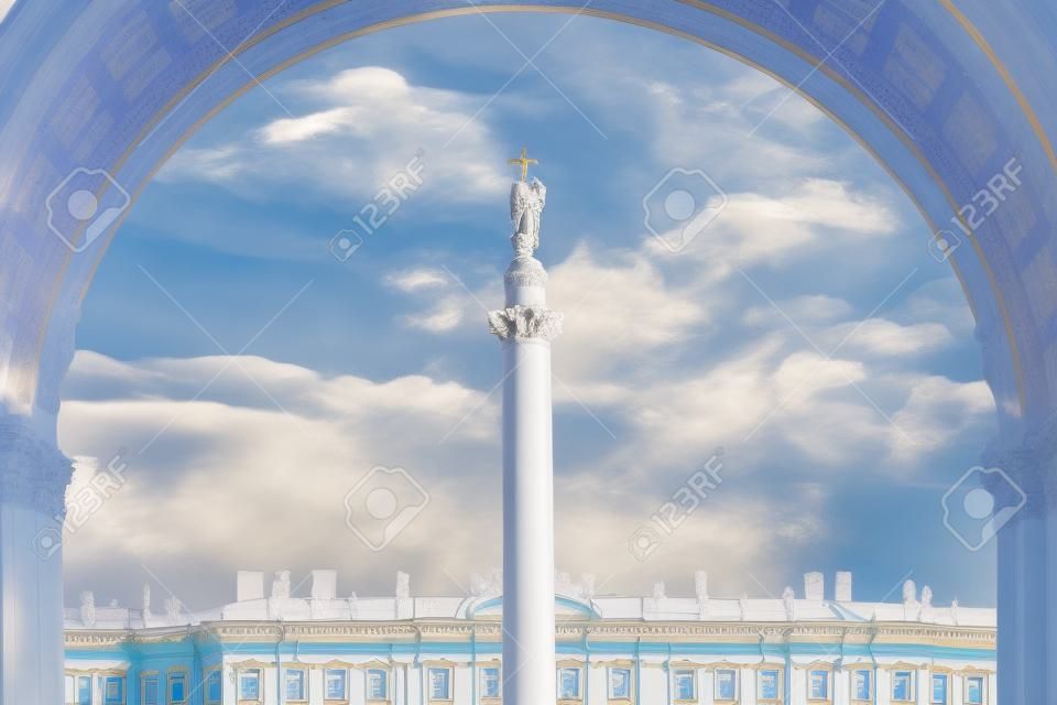 Alexander column with angel against the blue sky in St. Petersburg