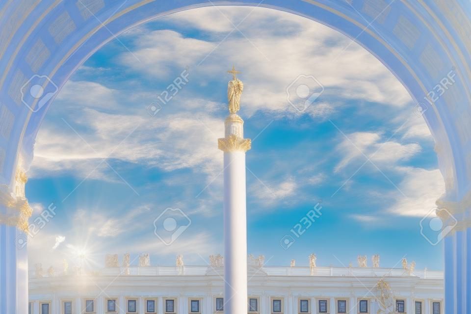 Alexander column with angel against the blue sky in St. Petersburg