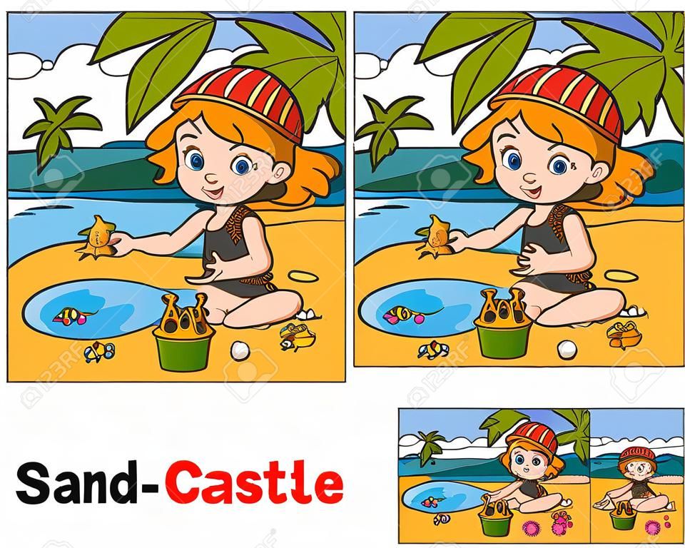 Find differences, education game for children, little girl builds a sand castle on the beach