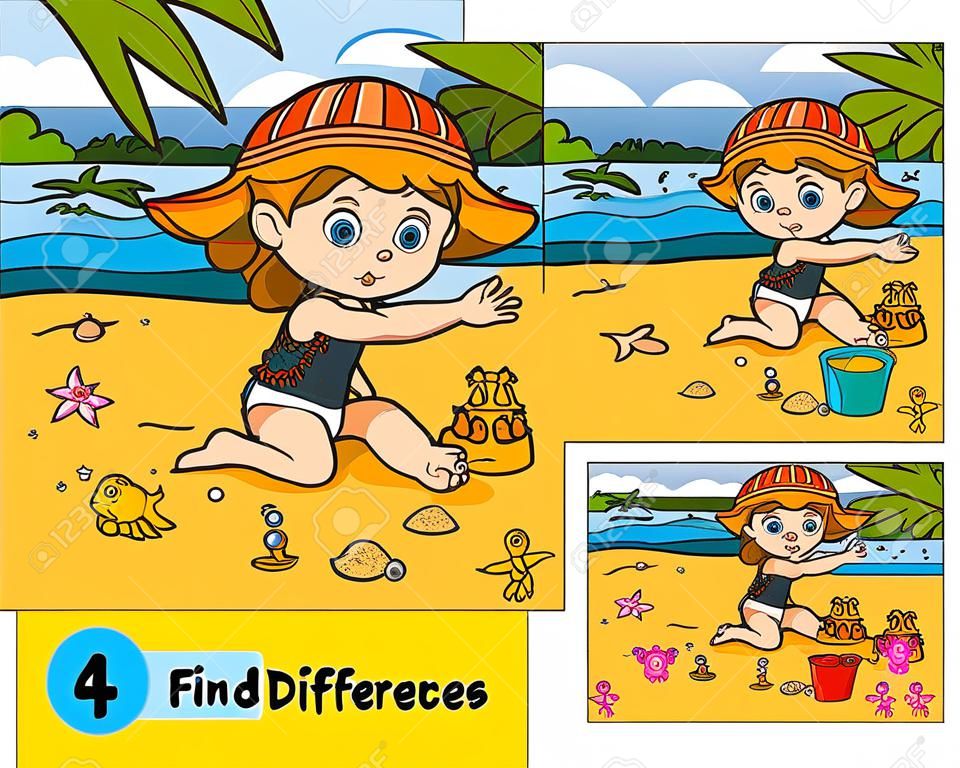 Find differences, education game for children, little girl builds a sand castle on the beach
