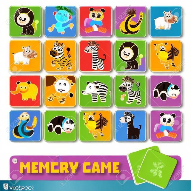 Gra pamięciowa dla dzieci w wieku przedszkolnym, karty wektorowe z zwierzętami zoologicznymi