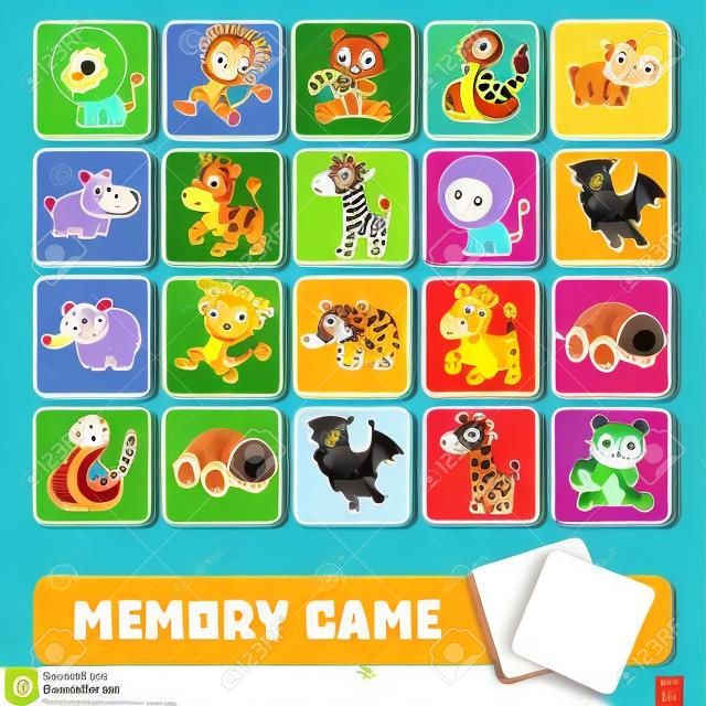 Memory game for preschool children, vector cards with zoo animals