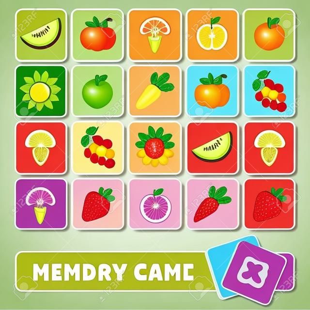 Vector memory game for children, cards with fruits and vegetables