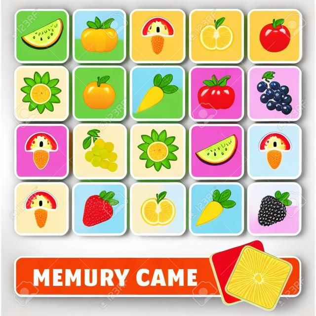 Jeu de mémoire de vecteur pour les enfants, cartes avec des fruits et légumes