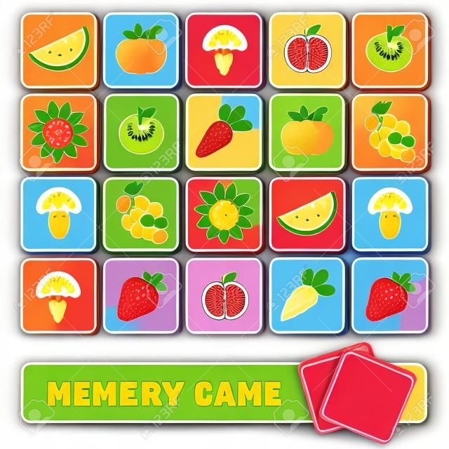 Çocuklar için vektör hafıza oyunu, meyve ve sebzeli kartlar