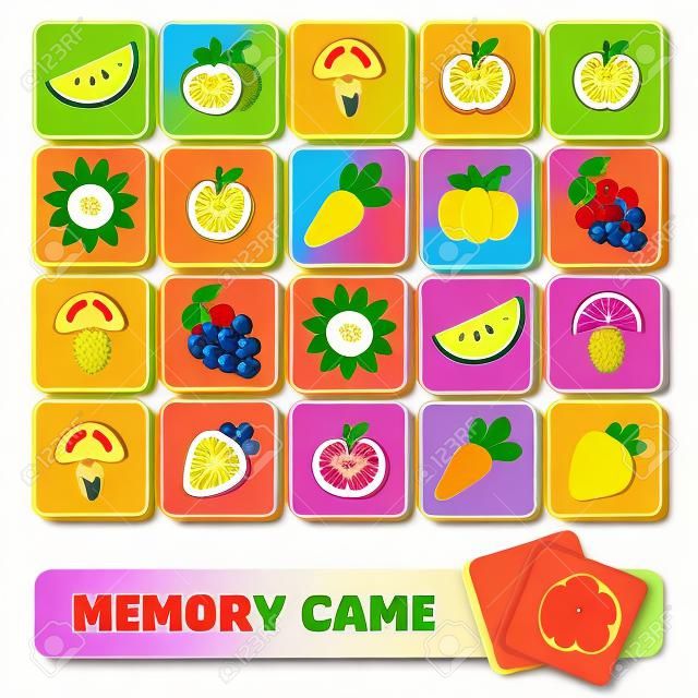Jeu de mémoire de vecteur pour les enfants, cartes avec des fruits et légumes