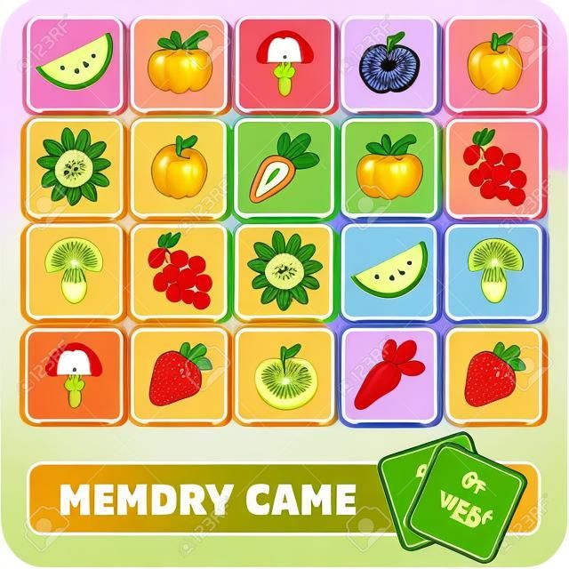 Vector geheugen spel voor kinderen, kaarten met fruit en groenten