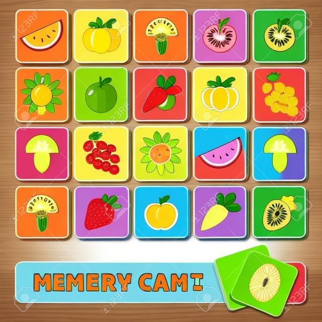 Vector geheugen spel voor kinderen, kaarten met fruit en groenten