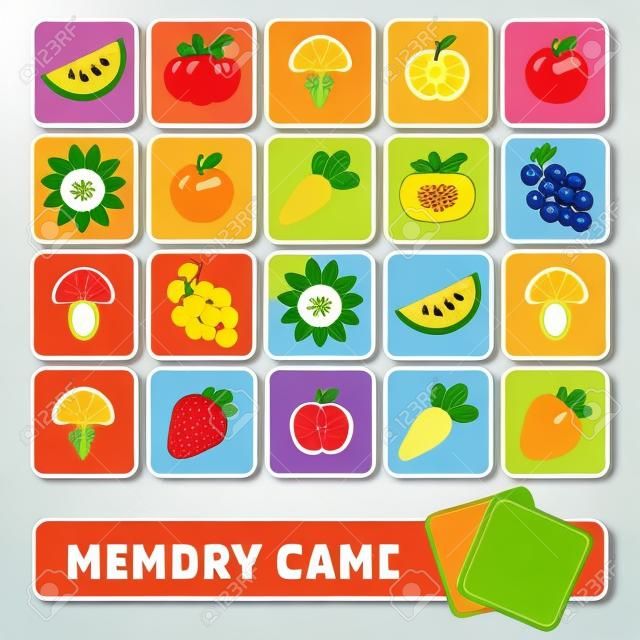 Игра с векторной памятью для детей, открытки с фруктами и овощами