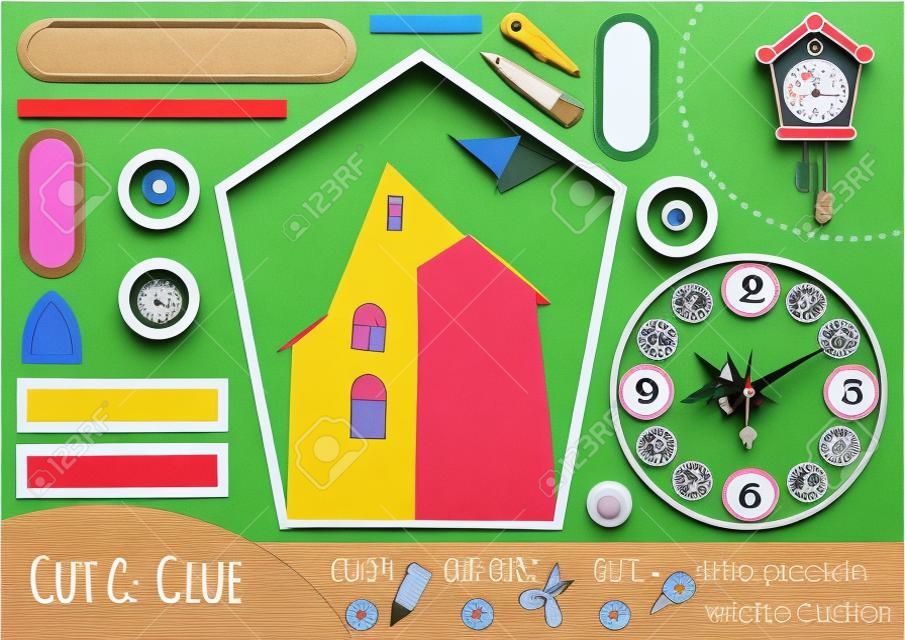Papierowa gra edukacyjna dla dzieci, Zegar z kukułką. Użyj nożyczek i kleju, aby stworzyć obraz.
