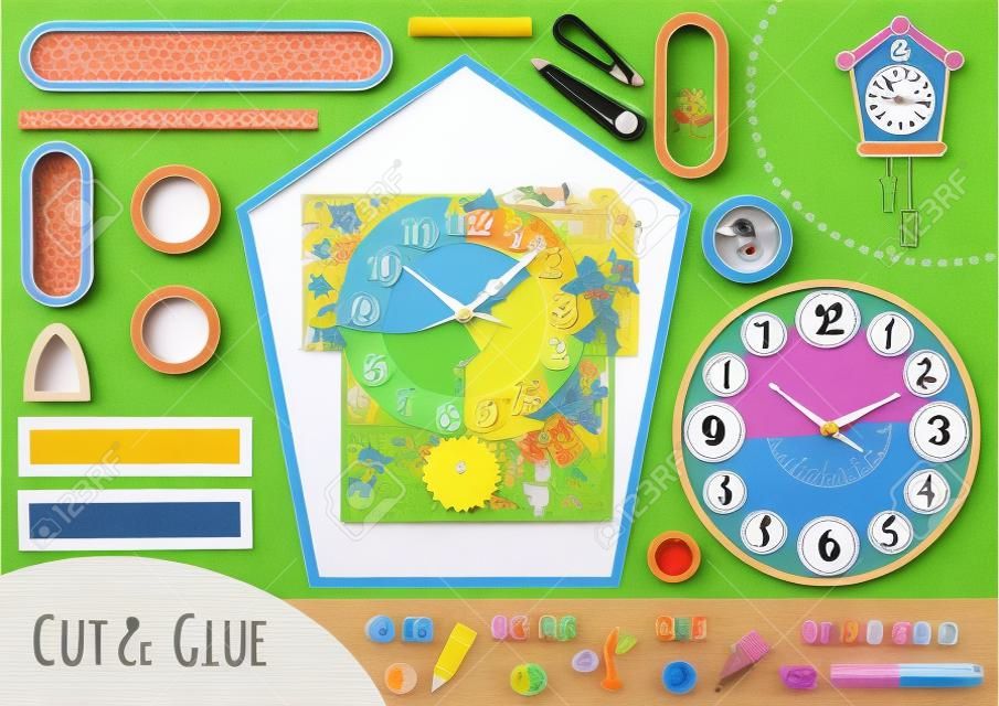 Papierowa gra edukacyjna dla dzieci, Zegar z kukułką. Użyj nożyczek i kleju, aby stworzyć obraz.