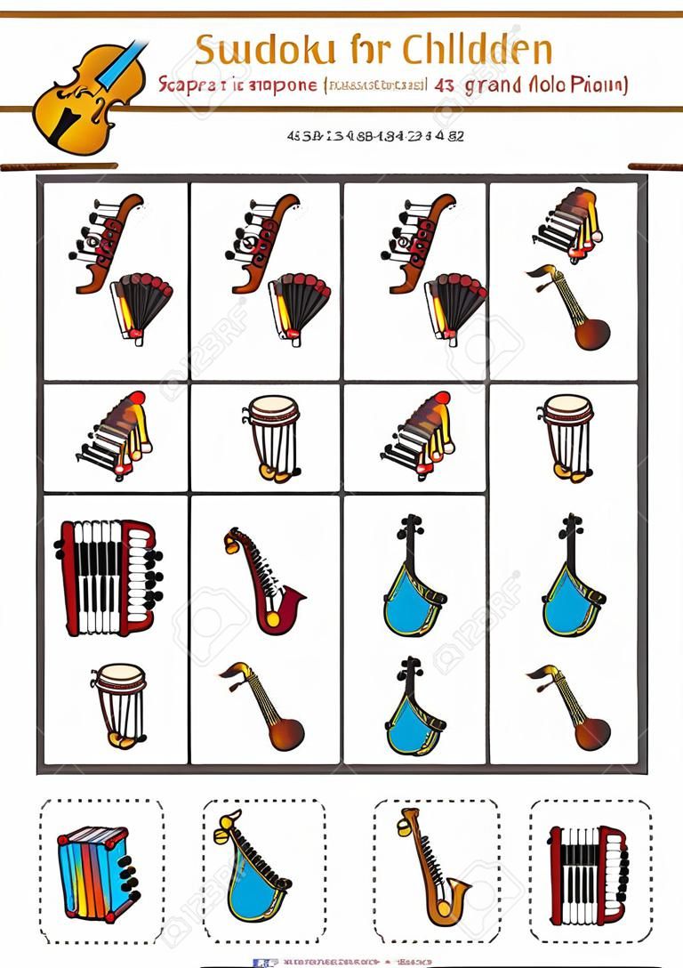 Sudoku dla dzieci, gra edukacyjna. Instrumenty muzyczne - saksofon, ksylofon, akordeon, fortepian, harfa pedałowa, bęben. Użyj nożyczek i kleju do uzupełnienia brakujących elementów