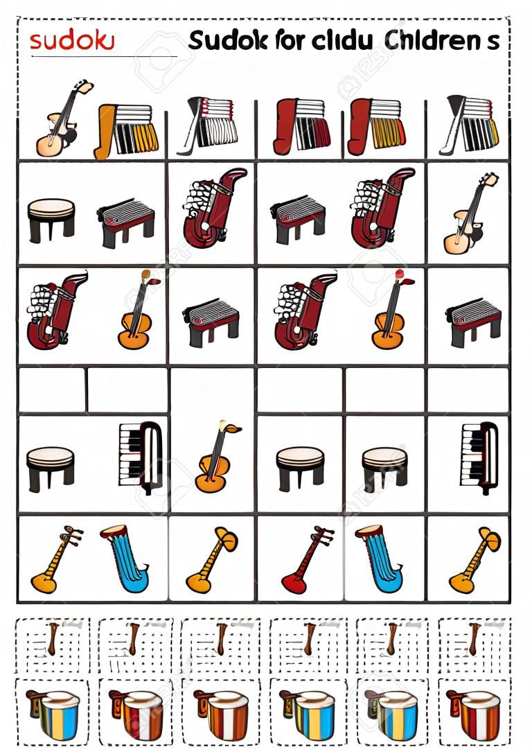 Sudoku para crianças, jogo de educação. Instrumentos musicais - Saxofone, Xilofone, Acordeão, piano de cauda, harpa Pedal, Tambor. Use tesoura e cola para preencher os elementos ausentes