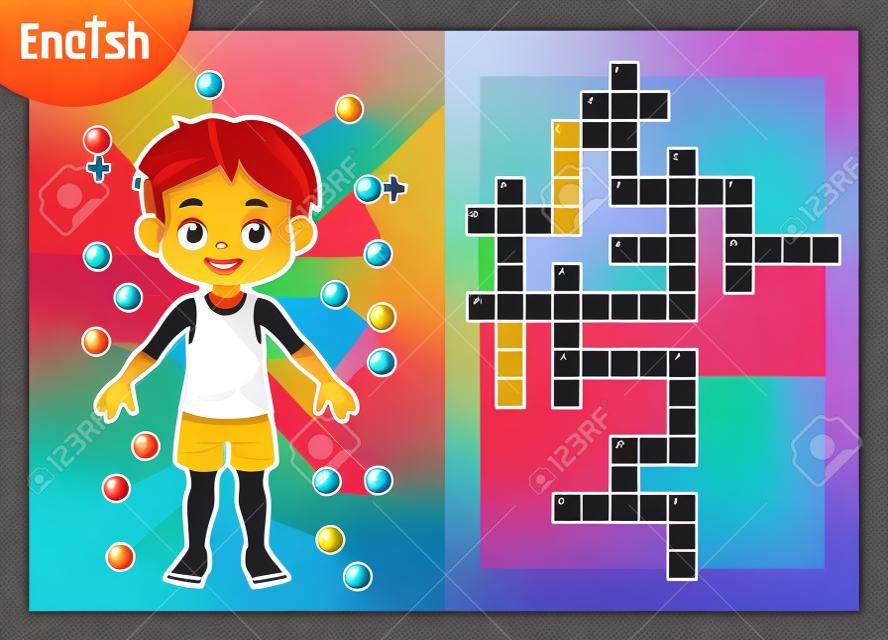 Vector colorful crossword in English, education game for children about the human body. My body parts for a boy