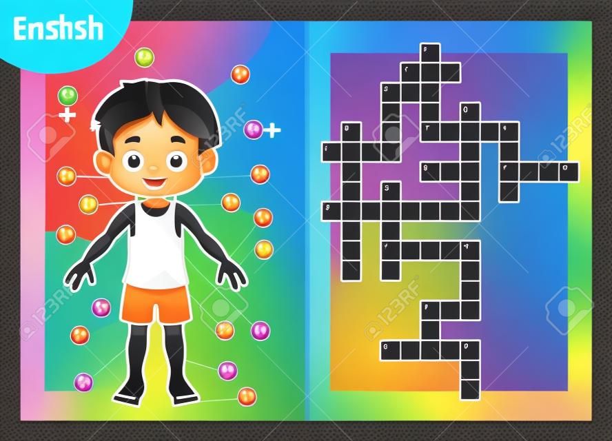 Vektor buntes Kreuzworträtsel auf Englisch, Bildungsspiel für Kinder über den menschlichen Körper. Meine Körperteile für einen Jungen