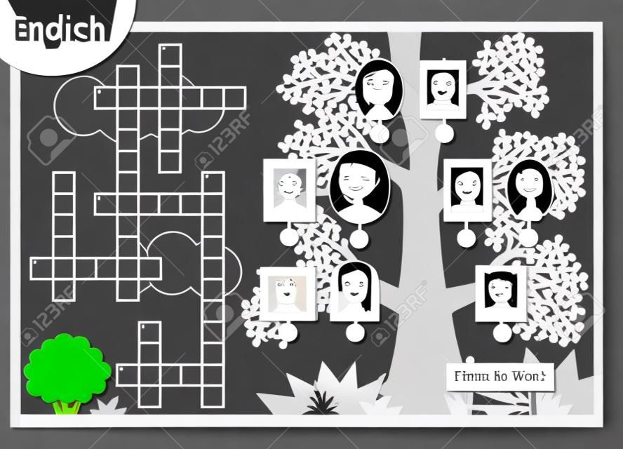 Vector black and white crossword in English, education game for children about family members. Cartoon family tree with images of people in frames
