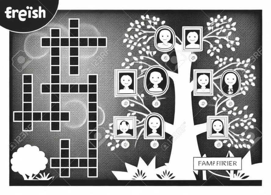 Wektor czarno-biała krzyżówka w języku angielskim, gra edukacyjna dla dzieci o członkach rodziny. Drzewo genealogiczne z kreskówek z wizerunkami ludzi w ramkach