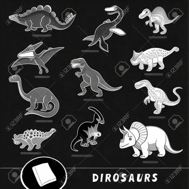 Black and white set of dinosaurs, collection of vector animals with names in English. Cartoon visual dictionary for children