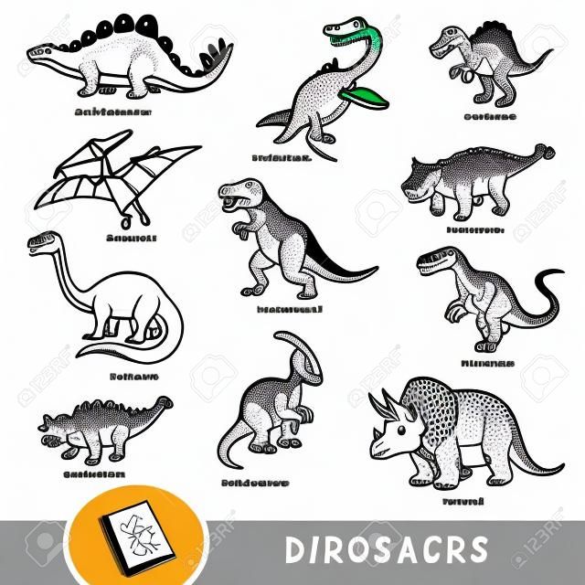 Set di dinosauri in bianco e nero, raccolta di animali vettoriali con nomi in inglese. Dizionario visivo dei cartoni animati per bambini