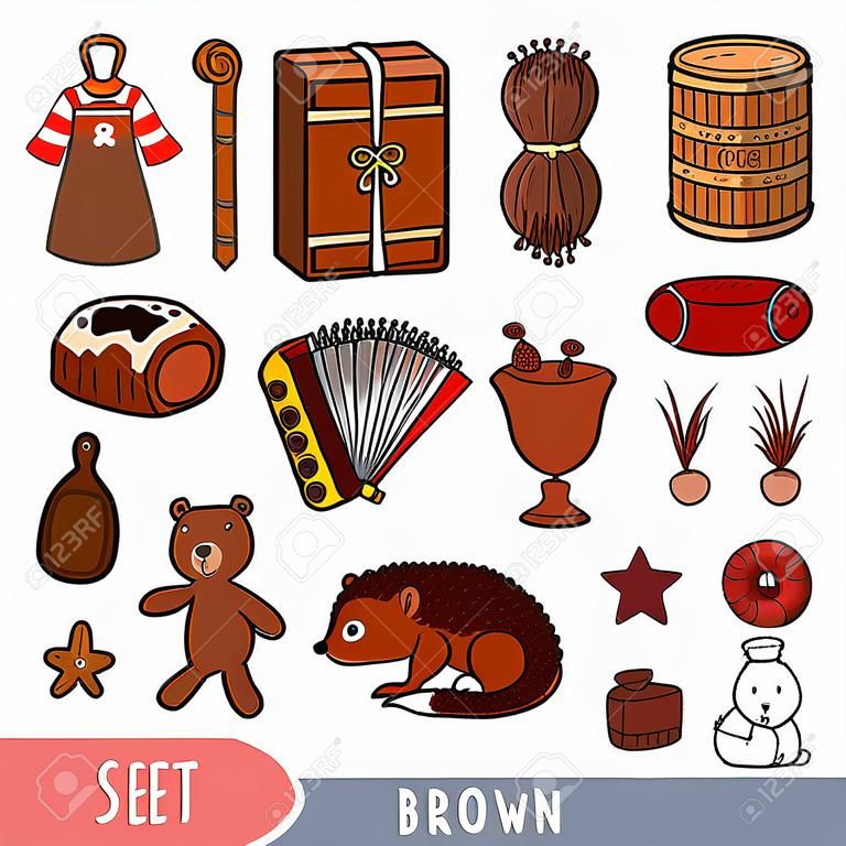 Ensemble coloré d'objets de couleur marron. Dictionnaire visuel pour les enfants sur les couleurs de base. Images de dessins animés pour apprendre à la maternelle et au préscolaire