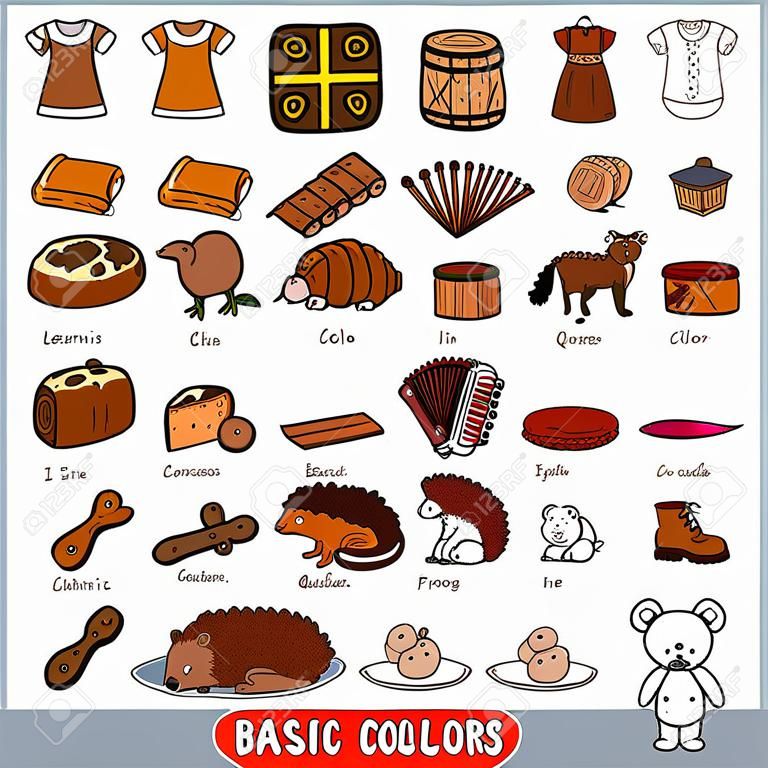 茶色の色のオブジェクトのカラフルなセット。基本的な色についての子供のためのビジュアル辞書。幼稚園や幼稚園で学ぶ漫画の画像