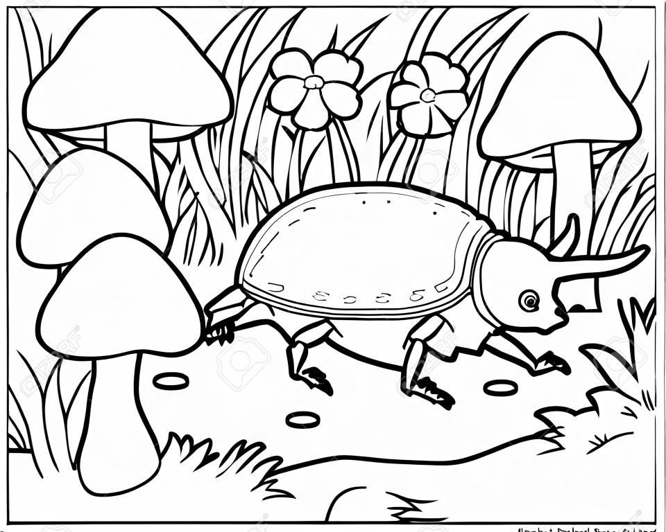 Coloring book for children, Rhinoceros beetle on a meadow with mushrooms