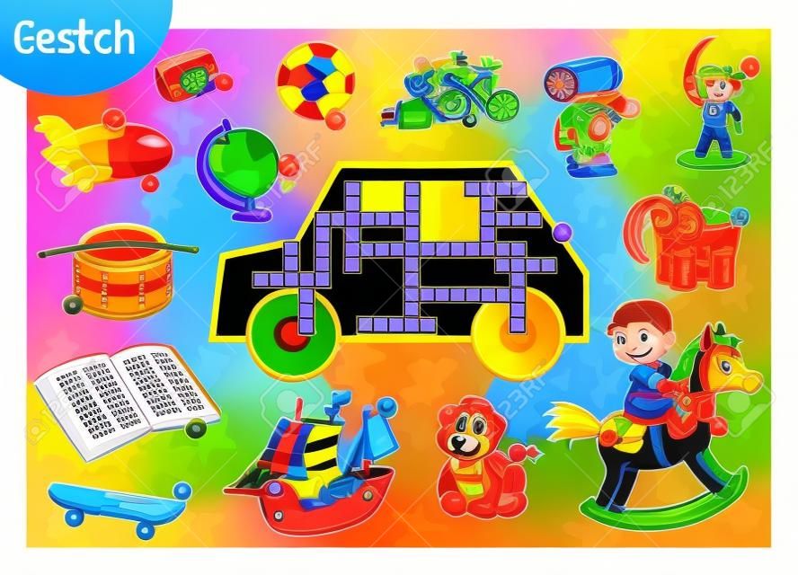 Vector colorido crucigrama en inglés, juego educativo para niños. Conjunto de dibujos animados de juguetes y artículos para niños.