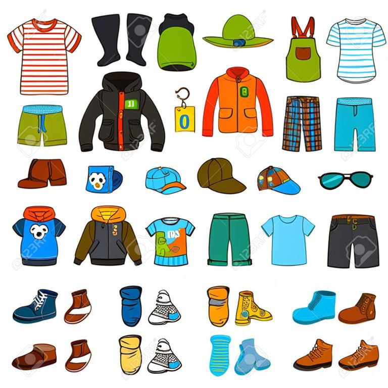 Vector set of boys clothes, color collection of cartoon kids accessories and clothing