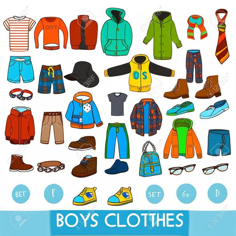 Set vettoriale di vestiti per ragazzi, collezione di colori di accessori e abbigliamento per bambini dei cartoni animati