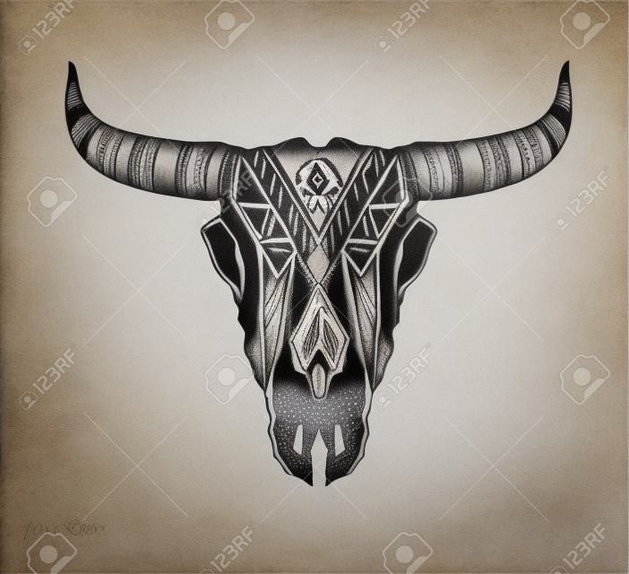 Mão desenhada Buffalo Skull Totem nativo americano