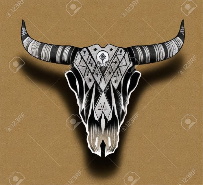 Hand gezeichnet Büffel-Schädel Ureinwohner-Totem