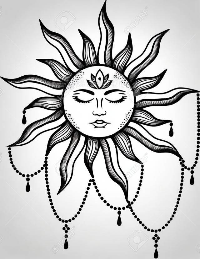 Symbole élégant et élégant du visage du soleil. Création de tatouage. Illustration vectorielle. Symbole d'alchimie