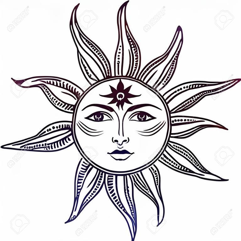 아름 다운 우아한 태양 얼굴 기호 문신 디자인입니다. 벡터 일러스트 레이 션. 연금술의 상징